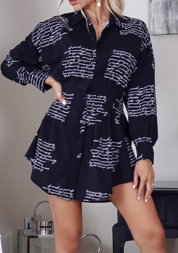 Black Letter Print Corset Shirt Dress