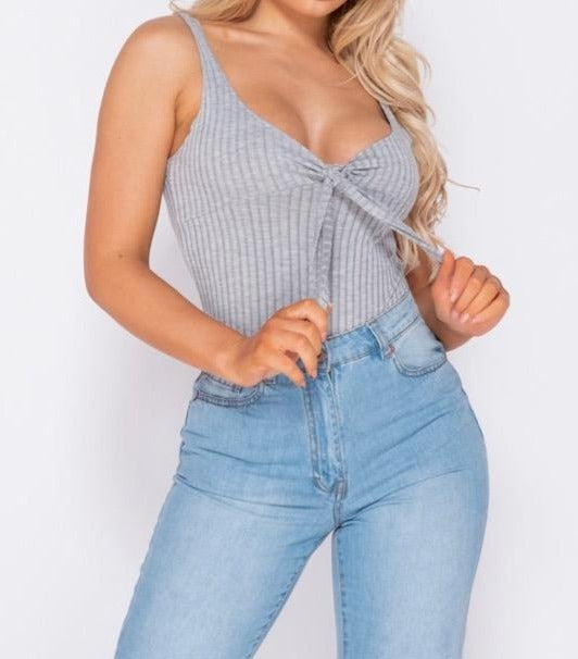 Cassie Tie Front Rib Knit Bodysuit-Grey