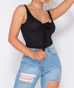 Cassie Tie Front Rib Knit Bodysuit-Black