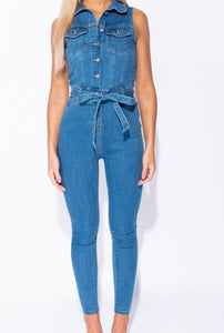 Blue Button Denim Waist Tie Jumpsuit