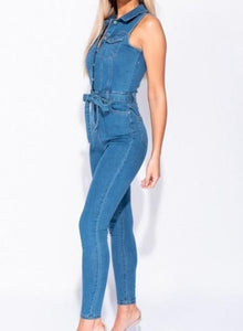 Blue Button Denim Waist Tie Jumpsuit