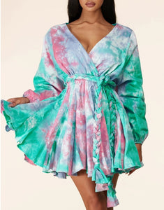 Raquel Twirl Turquoise Tie-Dye Mini Flare Dress Pre-Order