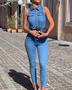 Blue Button Denim Waist Tie Jumpsuit